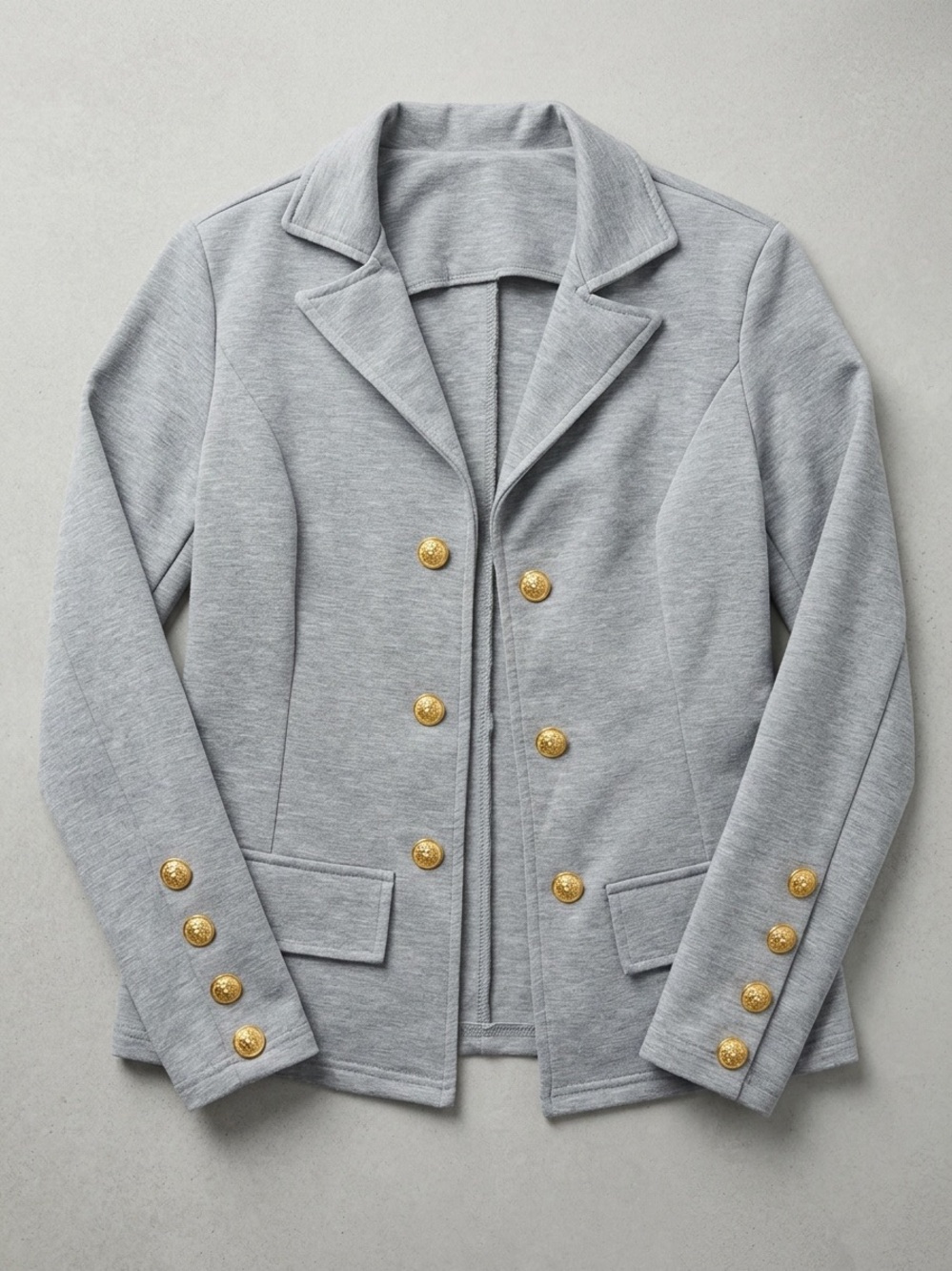 Heather Gray Double-Breasted Open-Front Knit Captain’s Blazer w/ Gold Buttons